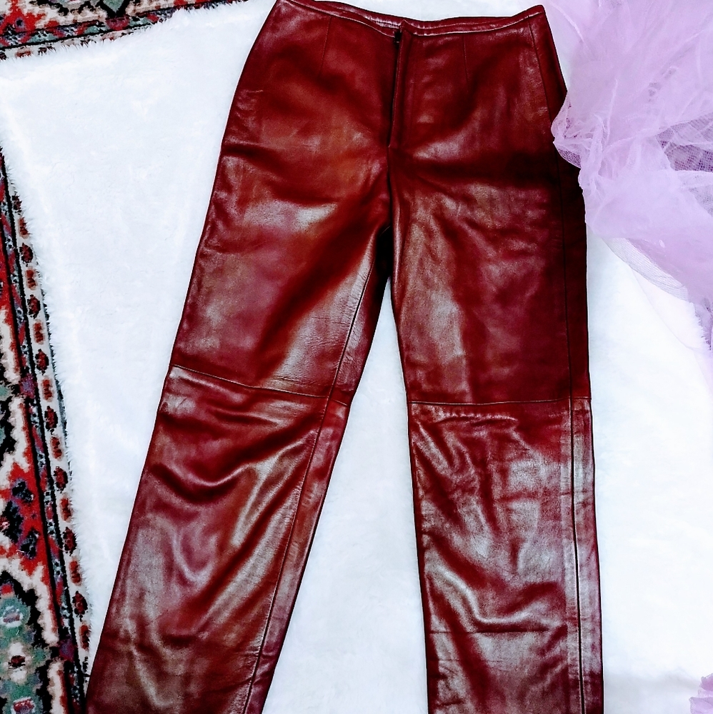 Lined Maroon 100% Leather Pants
